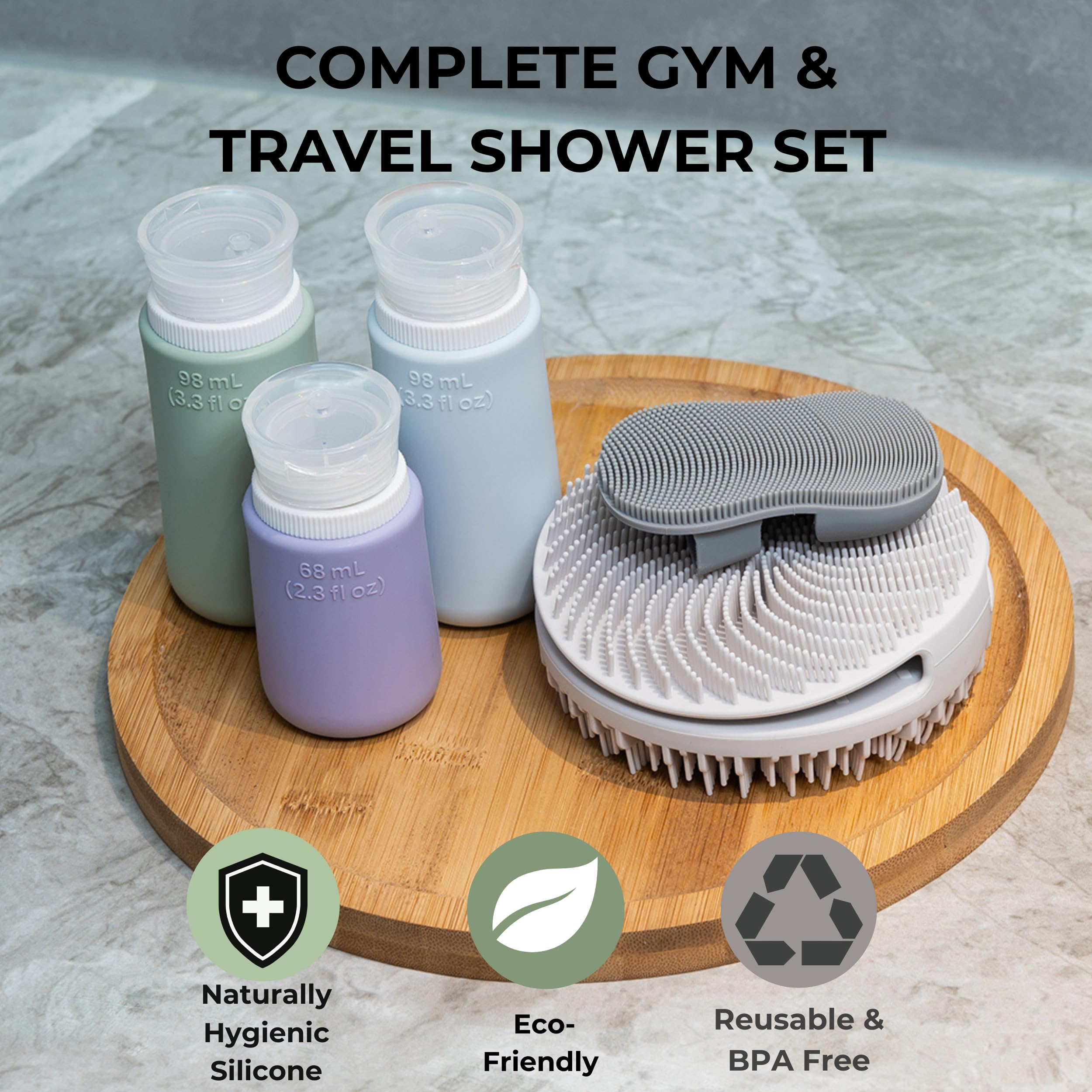 SelectShen™ Silver-Ion Silicone Scrubber Set – Exfoliating Body & Face Brush Kit for Gym & Travel, with TSA Bottles & Bag – Eco-Friendly & Gentle for Sensitive Skin