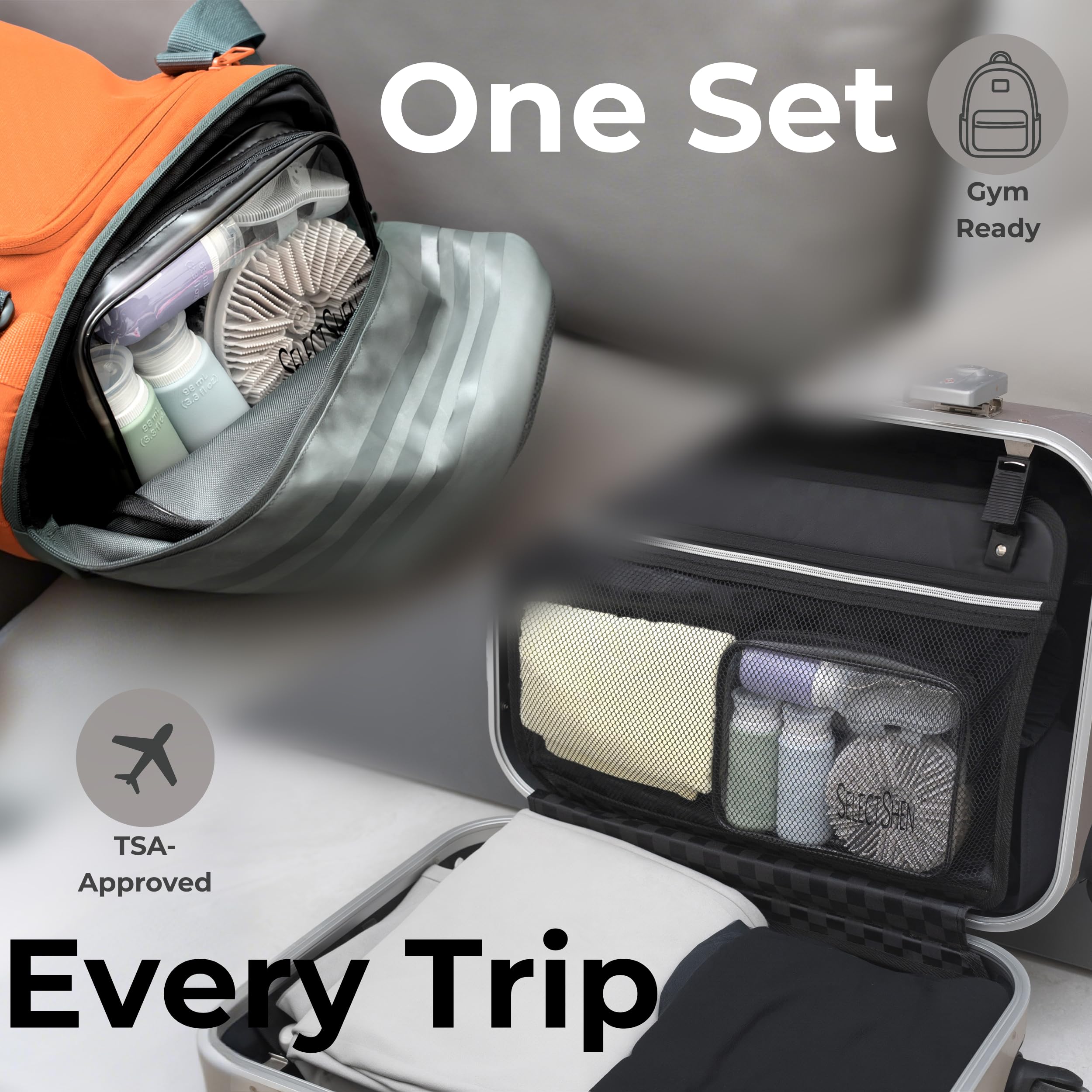 SelectShen™ Silver-Ion Silicone Scrubber Set – Exfoliating Body & Face Brush Kit for Gym & Travel, with TSA Bottles & Bag – Eco-Friendly & Gentle for Sensitive Skin
