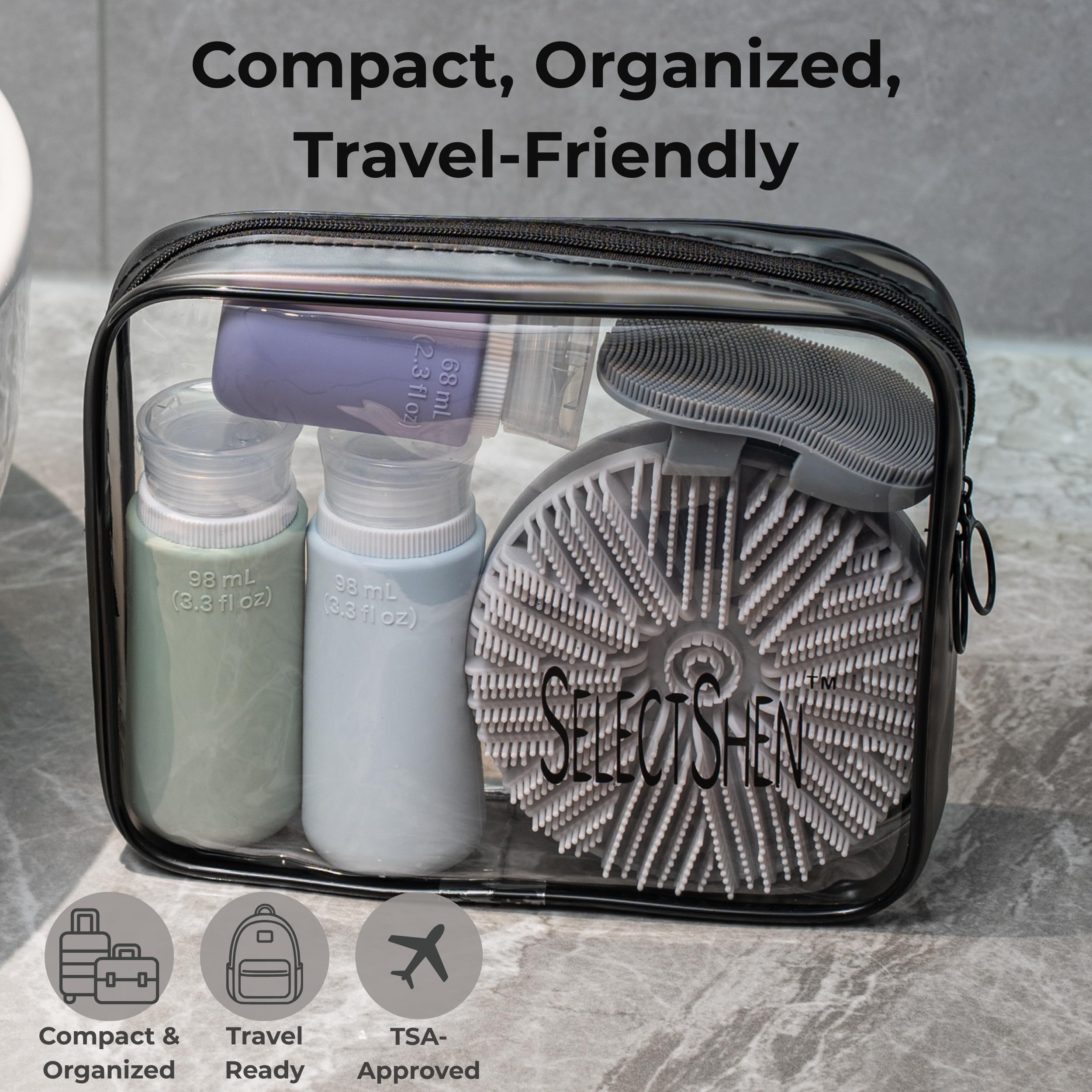 SelectShen™ Silver-Ion Silicone Scrubber Set – Exfoliating Body & Face Brush Kit for Gym & Travel, with TSA Bottles & Bag – Eco-Friendly & Gentle for Sensitive Skin