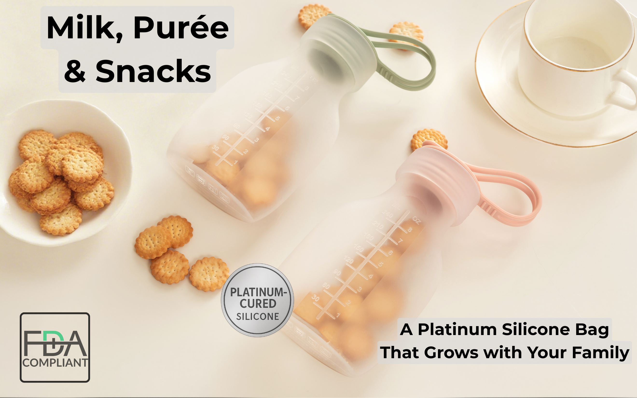 2 Pack 8oz SelectShen™ Platinum Silicone Reusable Storage Bags for Baby Milky, Purée, Snacks & More