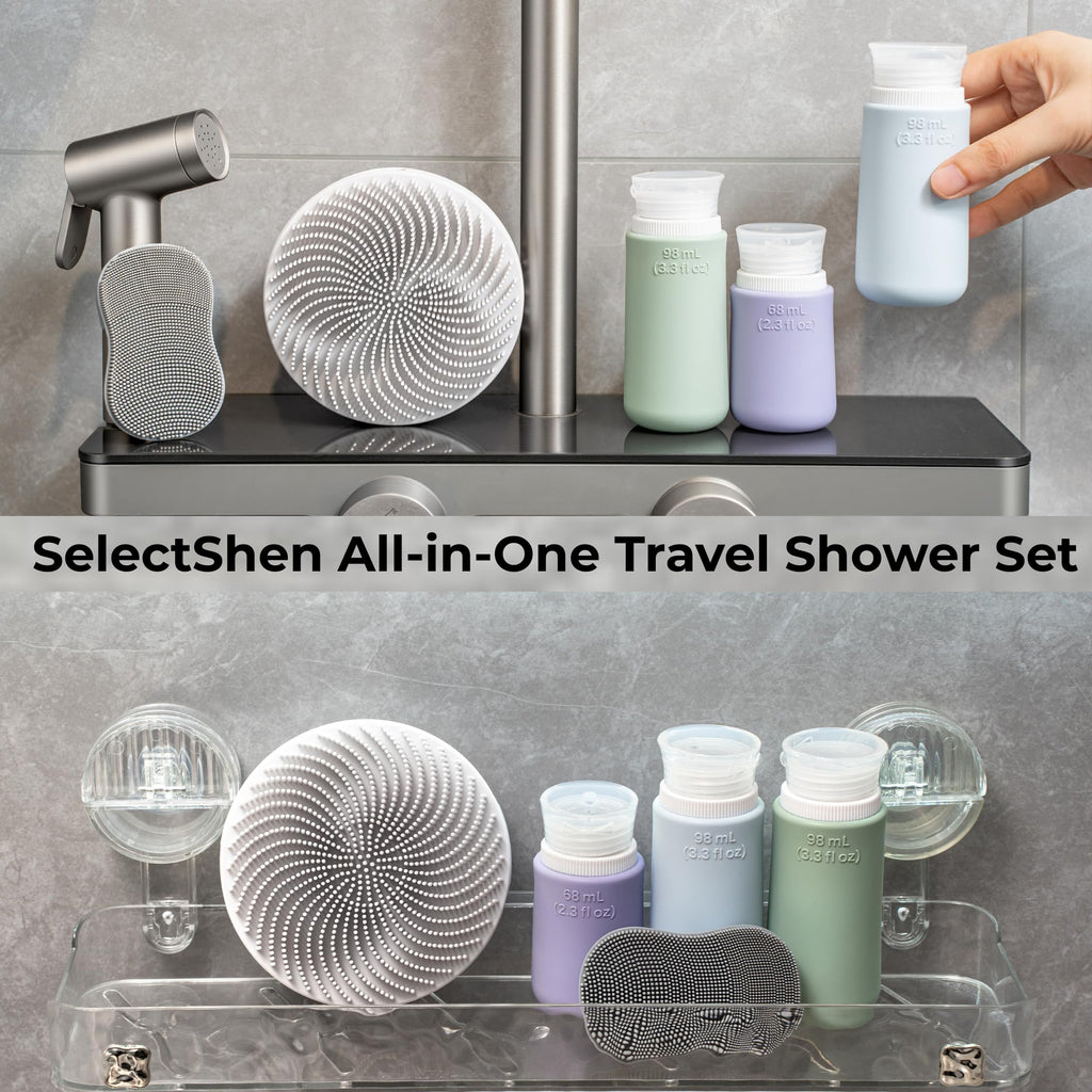 SelectShen™ Silver-Ion Silicone Scrubber Set – Exfoliating Body & Face Brush Kit for Gym & Travel, with TSA Bottles & Bag – Eco-Friendly & Gentle for Sensitive Skin