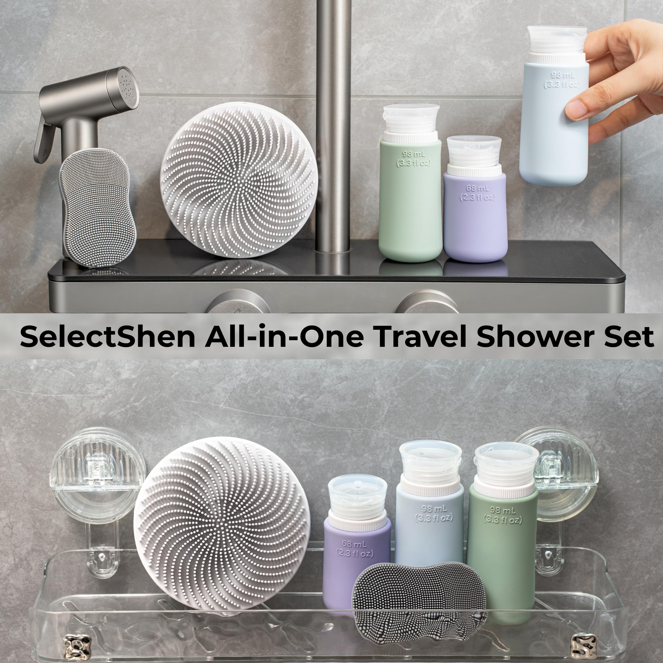 SelectShen™ Silver-Ion Silicone Scrubber Set – Exfoliating Body & Face Brush Kit for Gym & Travel, with TSA Bottles & Bag – Eco-Friendly & Gentle for Sensitive Skin