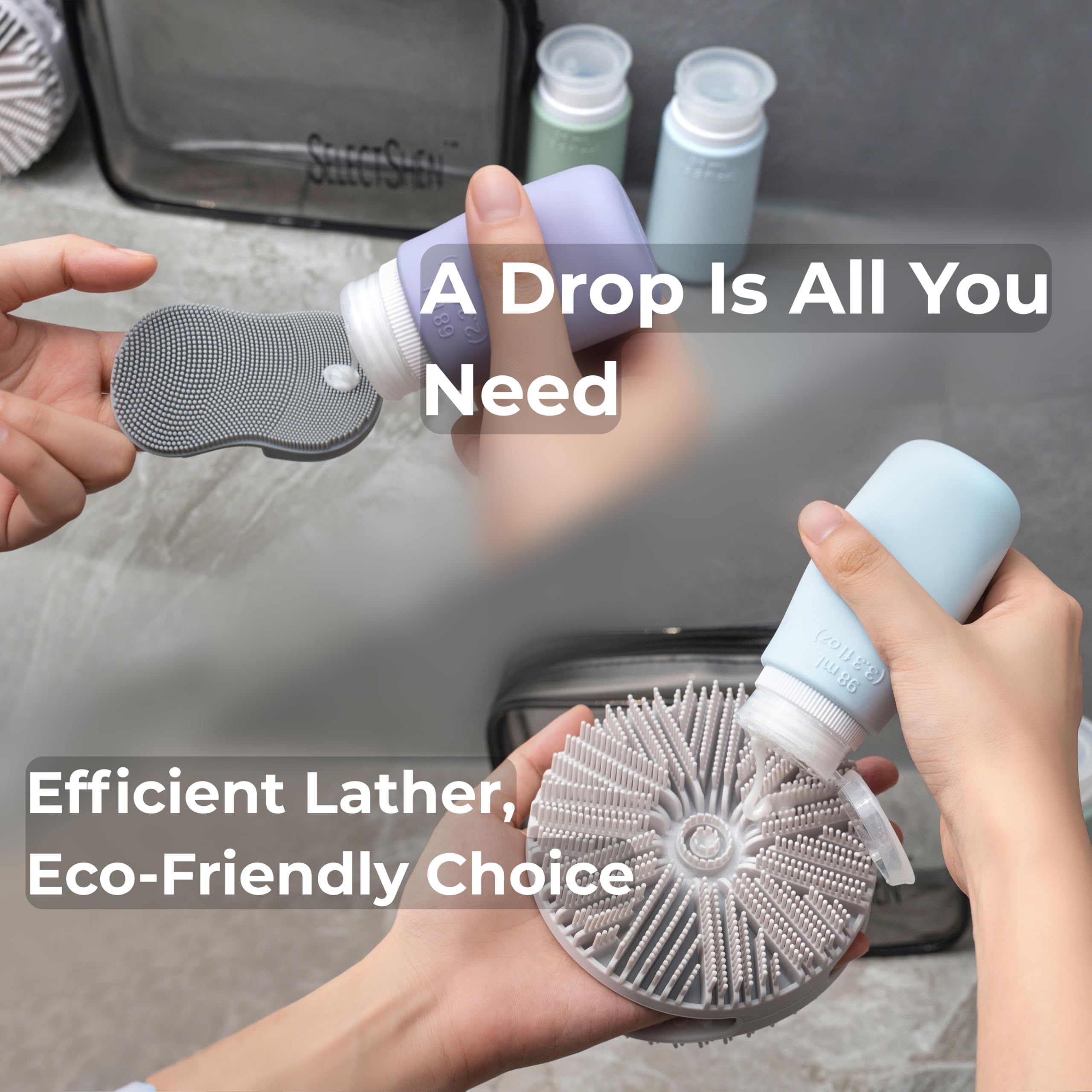 SelectShen™ Silver-Ion Silicone Scrubber Set – Exfoliating Body & Face Brush Kit for Gym & Travel, with TSA Bottles & Bag – Eco-Friendly & Gentle for Sensitive Skin
