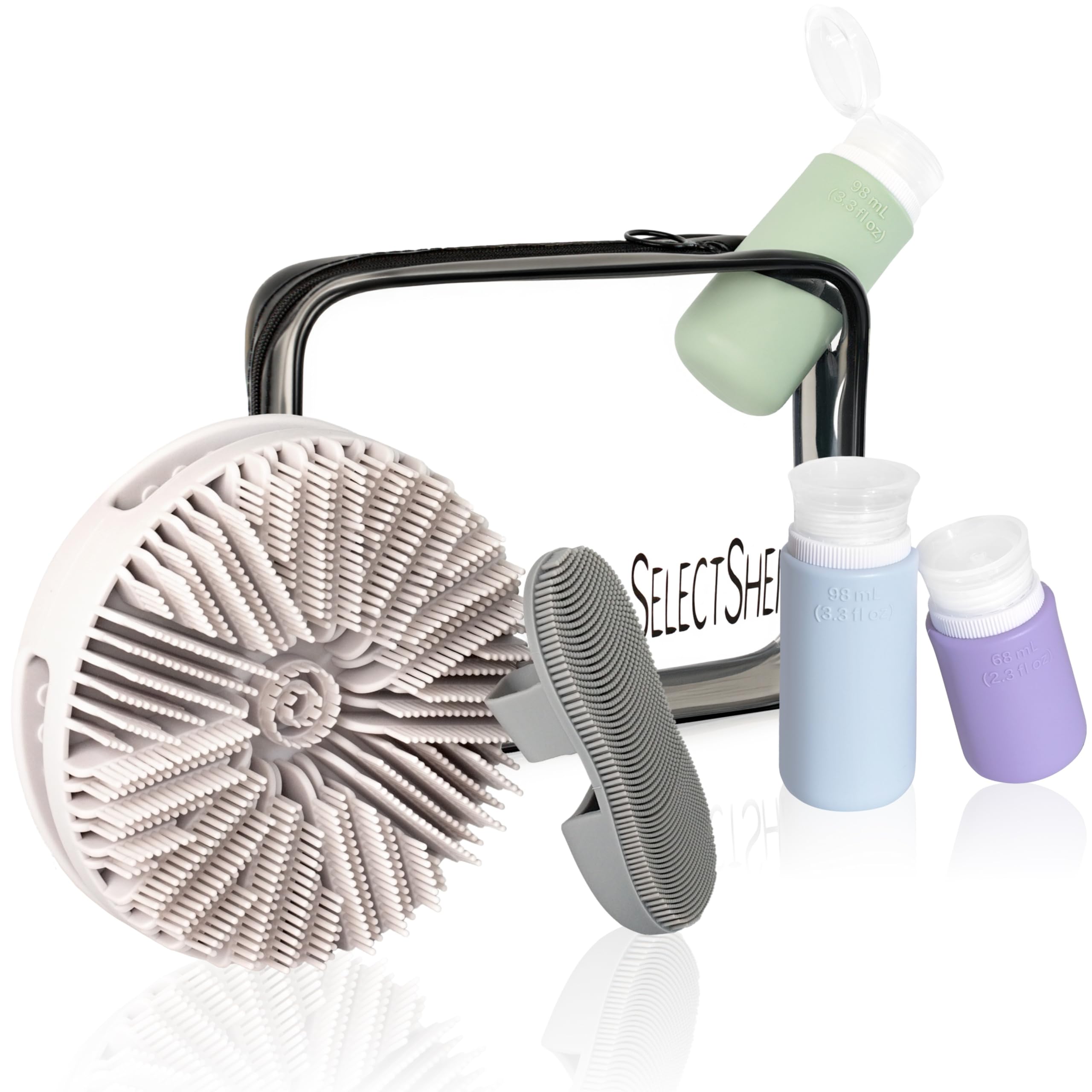 SelectShen™ Silver-Ion Silicone Scrubber Set – Exfoliating Body & Face Brush Kit for Gym & Travel, with TSA Bottles & Bag – Eco-Friendly & Gentle for Sensitive Skin