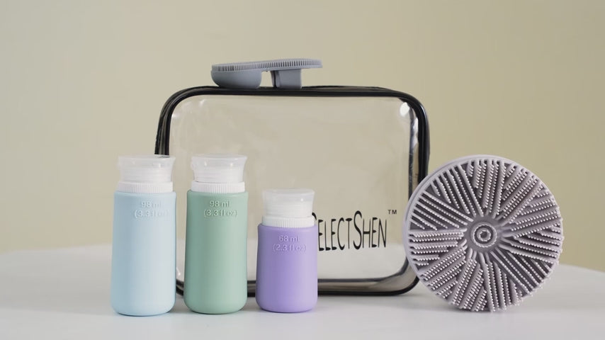 SelectShen™ Silver-Ion Silicone Scrubber Set – Exfoliating Body & Face Brush Kit for Gym & Travel, with TSA Bottles & Bag – Eco-Friendly & Gentle for Sensitive Skin